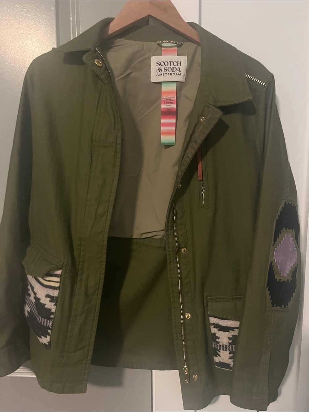 Scotch & Soda Olive Green Utility Jacket with Southwestern Patch Accents